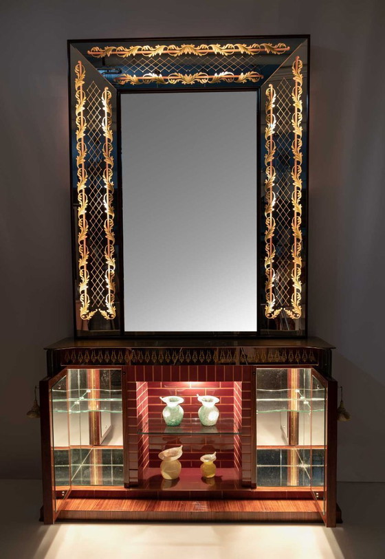 Image 1 of Meuble de bar italien moderne du milieu du siècle de Luigi Brusotti avec miroir décoré, années 40
