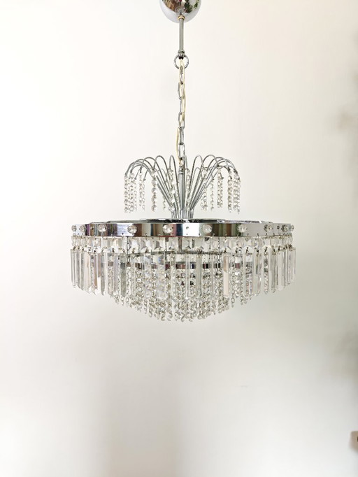 Vintage Chrome Crystal Chandelier / Elegant 1970s Hanging Light / Mid Century Glam Pendant Lamp with Glass Prisms / Retro Ceilin