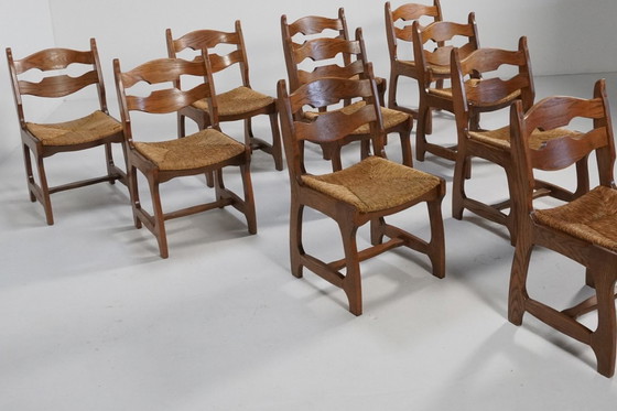 Image 1 of Set di 10 sedie brutaliste "Razor" in rovere con seduta in giunco, Paesi Bassi, anni '70
