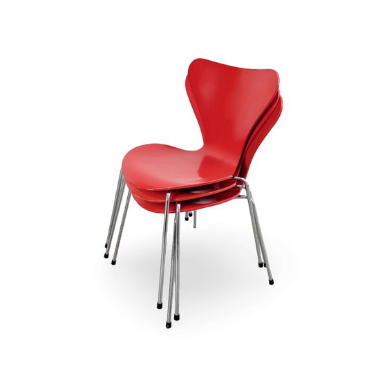 Set di 3 Sedie Originali Arne Jacobsen Serie 7 Fritz Hansen rosse, Sedie da camera, Legno, Rosso (foto 12 di 12)