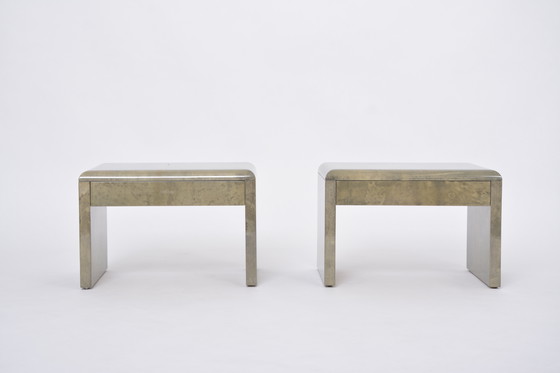 Image 1 of Mid-Century Modern Bedside Tables Made of Lacquered Goat Skin by Aldo Tura