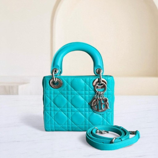 DIOR LADY MINI - CANNAGE LAMMLEDER CYANBLAU SILBERNE BESCHLÄGE VERSTELLBARER RIEMEN