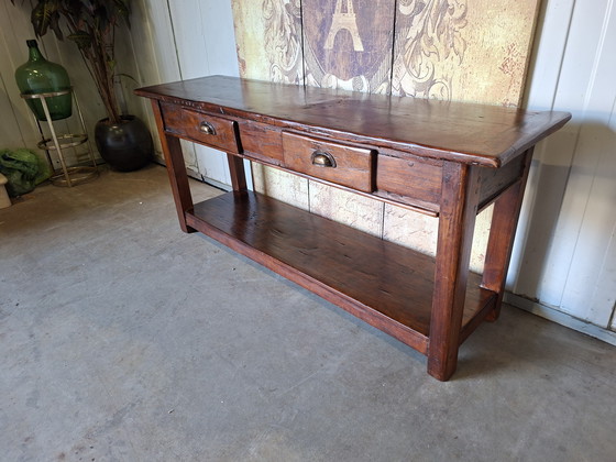Image 1 of Low teak side table, console table. Console TV unit dimensions: 142x40cm and 60cm high.