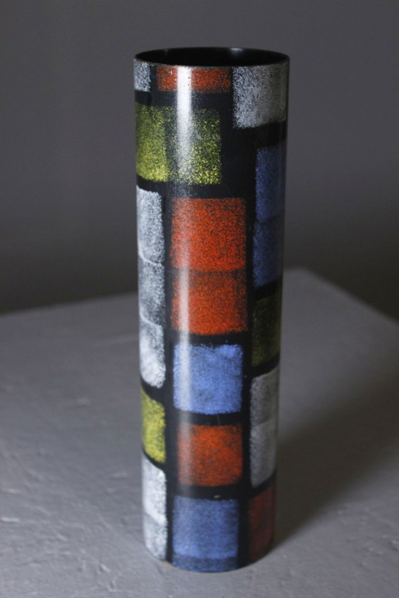 Image 1 of Vintage modernist design brass painted roller vase in the style of Mondrian, Italy, 1950s