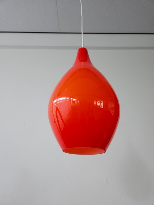 Drop-shaped mcm orange glass pendant lamp, white opal glass with orange top coat, scandinavian design
