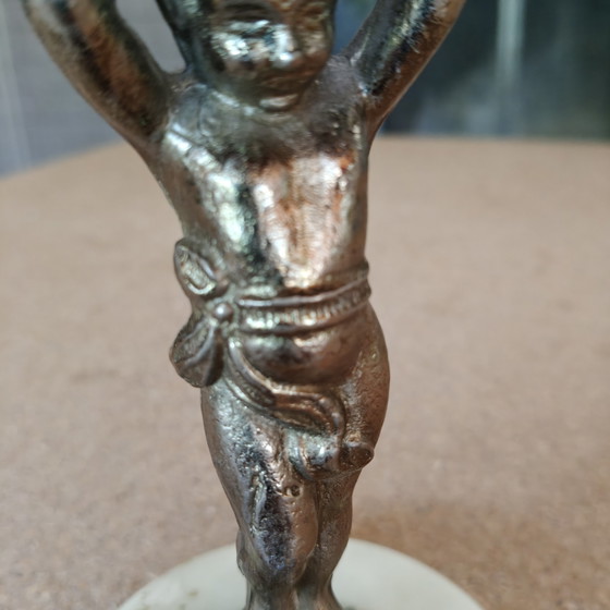 Image 1 of Vintage Tribal Figurine Table Lamp with Hand-Stitched Rawhide Shade and Onyx Base