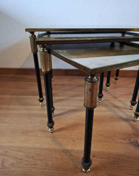 Image 1 of Vintage Maison Jansen style table nest in bronze and Verre Églomisé