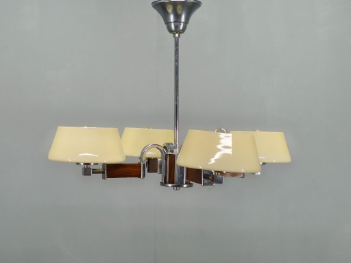 Art Deco kroonluchter van chroom, hout en glas, Tsjechoslowakije