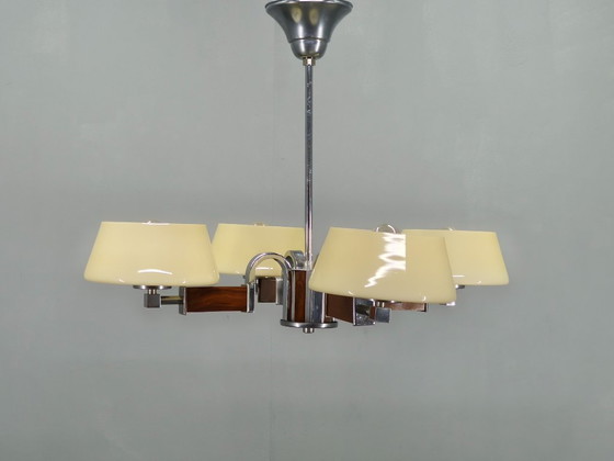Image 1 of Art Deco kroonluchter van chroom, hout en glas, Tsjechoslowakije