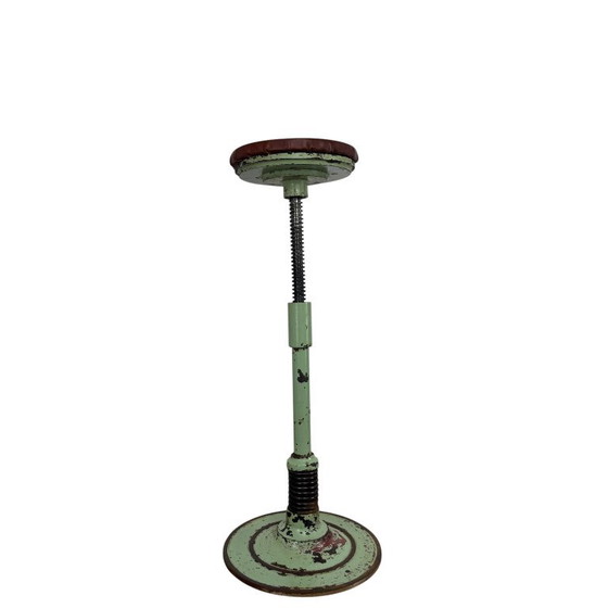 Adjustable stool, mint green metal and brown leather, Vintage (photo 2 of 13)