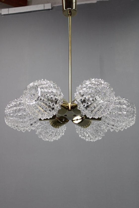 Image 1 of Mid Century Sputnik Brass Glass Chandelier, 1970s Czechoslovakia