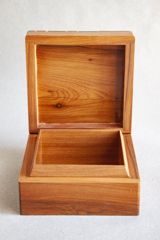 Image 1 of Tropical wood box, leather-style, handmade with orange wood inlay. Jewelry box. Multipurpose box.