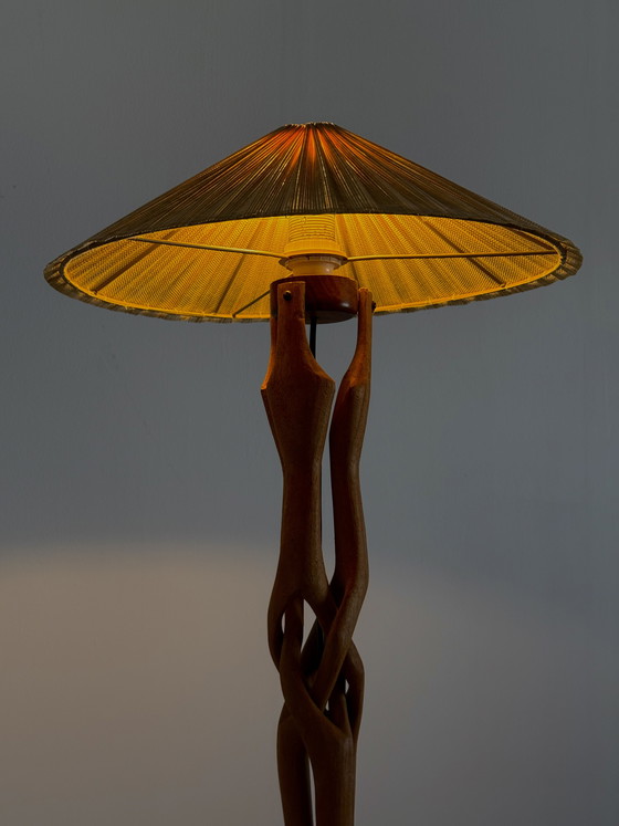 Image 1 of Sculptural hand-carved table lamp made of solid teak wood
