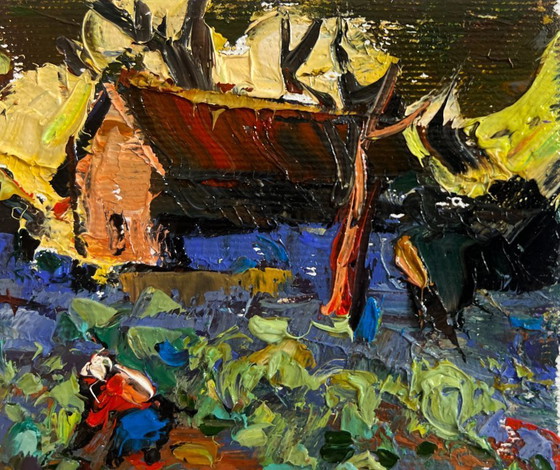 Image 1 of Original Oil Painting Evening Village Landscape Cabbage is being planted in the garden