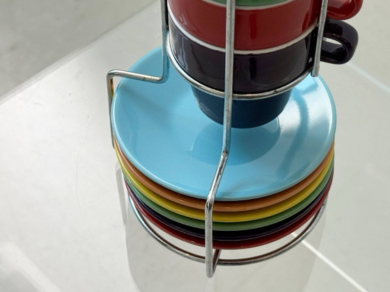 Image 1 of Vintage espressoset in een metalen standaard van pt, Nederland, jaren 1990.