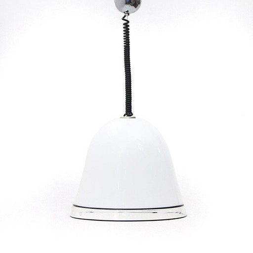 Lampadario vintage in vetro bianco con bordi neri, 1970