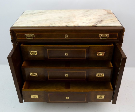 Image 1 of Comodini e cassettiera Liberty in radica di tuia italiana e marmo rosa del Portogallo