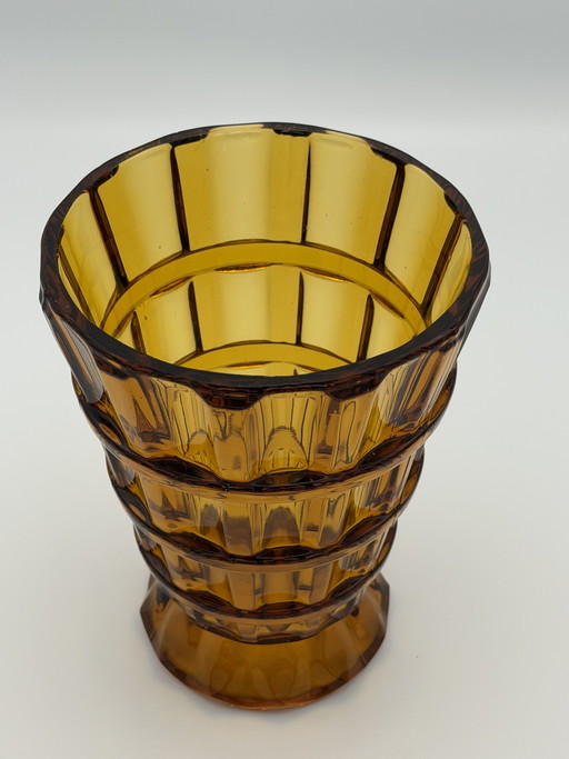 Vintage Amber Glass Vase – Mid Century Design – Heavy Pressed Glass
