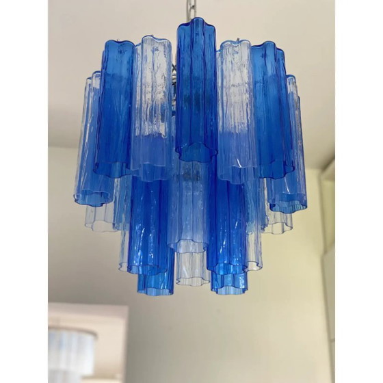 Image 1 of Zeitgenössischer himmelblauer und blauer „Tronchi“-Sputnik-Kronleuchter aus Muranoglas