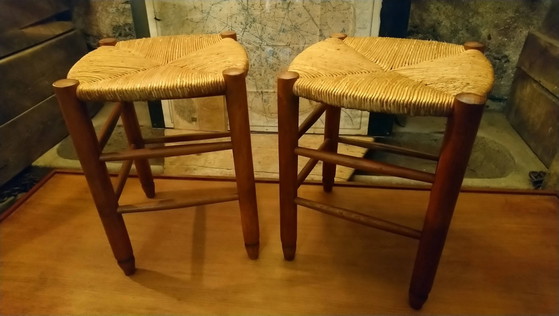 Pair of beech stools with straw seats – Wood, Vintage (photo 2 of 16)