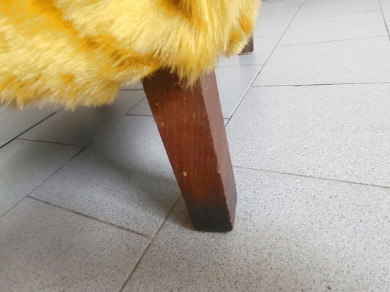 Image 1 of Vintage fauteuil uit de jaren 40, eikenhout en okerkleurig synthetisch bont, DLG Jean Royère, jaren 40