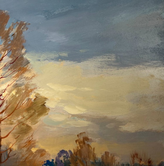 Image 1 of Original Oil Painting Snow Village Landscape Snow and sunset lights