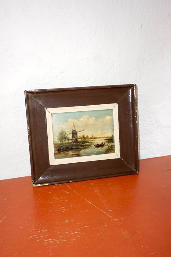 Image 1 of antique dutch windmill landscape oil painting * early 20th century * brown wooden frame * canal boat scene * farmhouse wall art