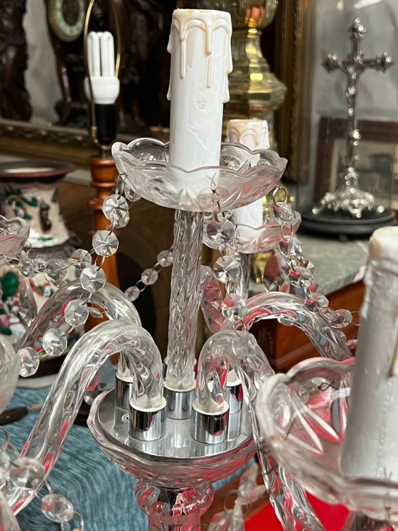 Girandole. 6 punti luce. Cristallo, vetro. Italia. XX secolo. 62x45 cm. – Lampade da tavolo, Crystal, Glass (photo 5 of 6)