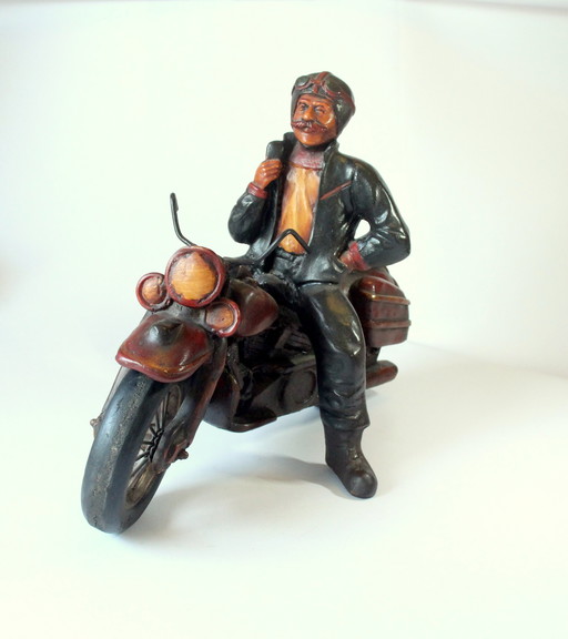 Large resin/metal sculpture "Motorcyclist on motorcycle" - Vintage