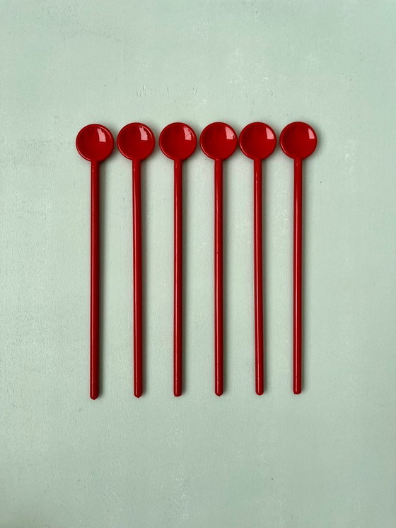Image 1 of 6x Bodum glazen Denemarken jaren 70/80 postmodern vintage design roestvrijstalen lepel rood