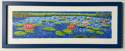 3. Zeefdruk van Mimmo Sciarrano, 25x70cm Waterlelies in een lijst – lithos zeefdrukken, Paper, Wood