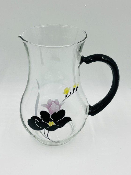 Image 1 of Servizio da caraffa in vetro vintage con decorazioni floreali.