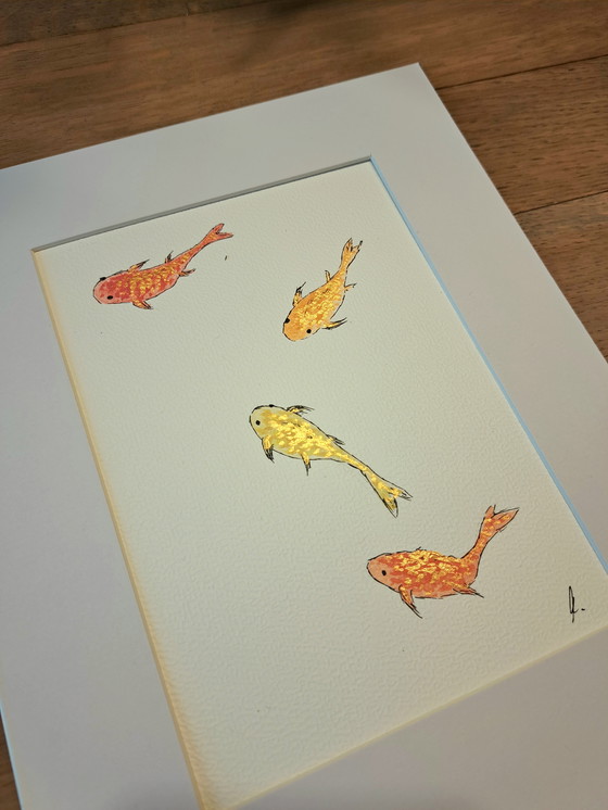 Image 1 of Watercolor painting of koi carp | Gold-colored frame
