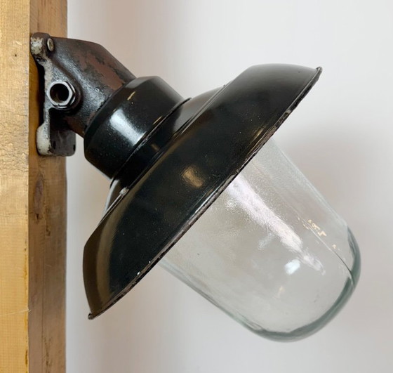 Vintage Industrial Black Enamel and Cast Iron Wall Lamp, 1960s, Wall lights, Metal, Glass (photo 6 of 15)
