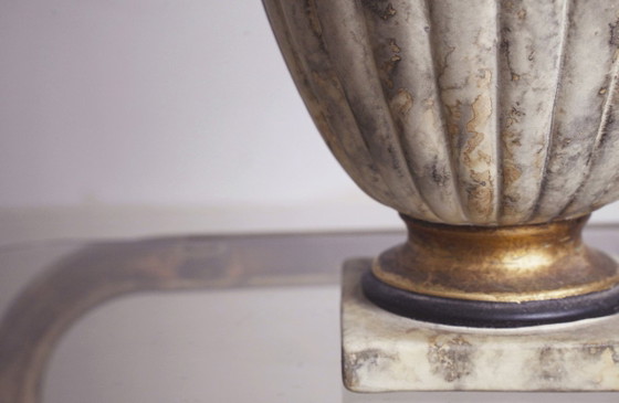 Image 1 of Vintage Italian Neoclassical Urn Table Lamp Faux Marble Stone Ceramic Lamp Parchment Shade Organic Modern Mediterranean Lighting