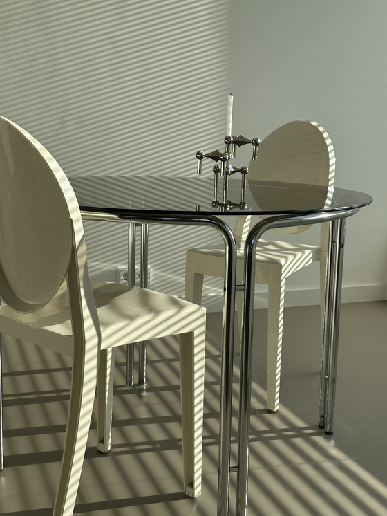 Image 1 of Vintage Chrome Dining Table Bauhaus Style Smoked Glass