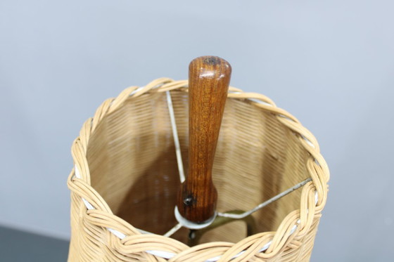 Image 1 of 1960s Parker Knoll Wooden Table Lamp with wicker shade, Britain