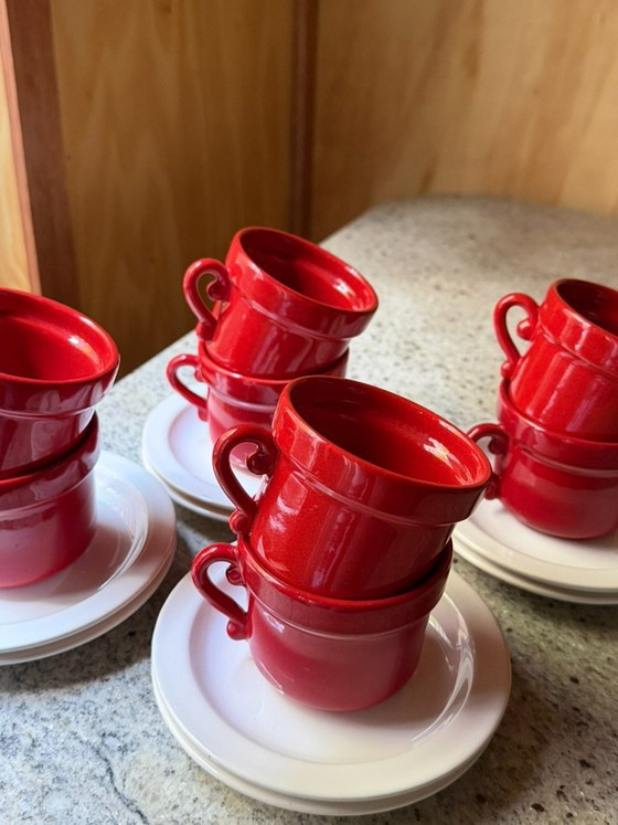 Vintage Huizen Holland Red Espresso Cups & Saucers Set | MCM Dutch Pottery MCM Kitchen Decor – Servies (photo 12 of 13)