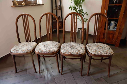 Set of Four Bentwood TON Chairs from the 1970s with Floral Upholstery 