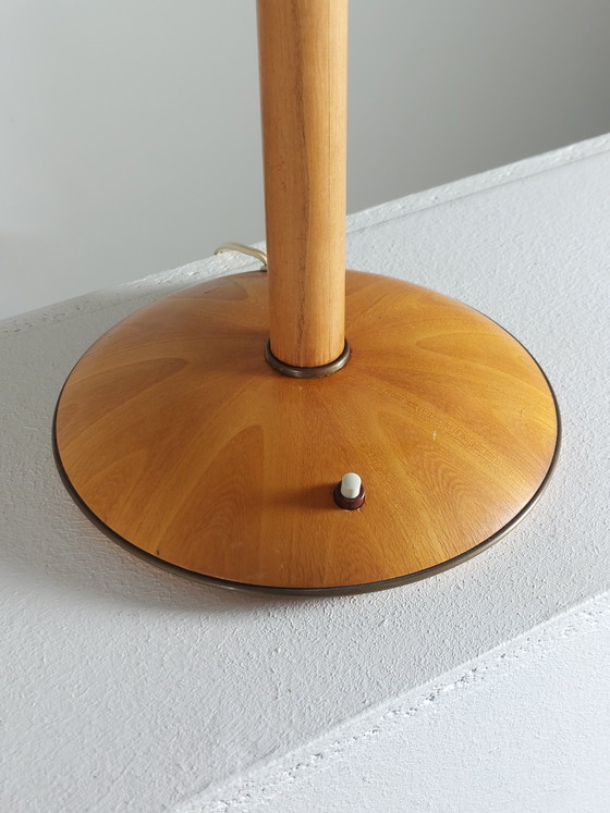 Image 1 of Vintage Temde wood brass 1950s table lamp basket shade