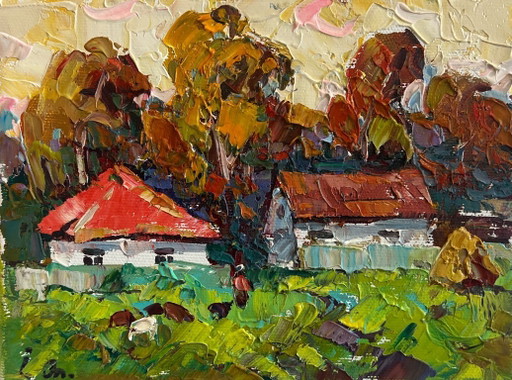 Original-Ölgemälde: Herbstliche Dorflandschaft, gelber Sonnenuntergang im Herbst.