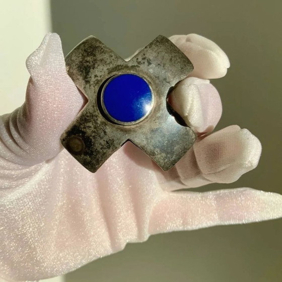 Image 1 of Antique Georg Jensen Era 1910-1925 Solid 925 Silver Maltese Cross Double Sided Lapis Lazuli & Onyx Hallmark GI
