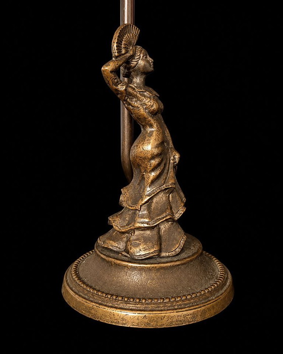 Italiaanse Art Nouveau-stijl Tafellamp met handgeschilderd glas, ca. 1950–1960 Vintage – Tafellampen, Brass (photo 5 of 8)