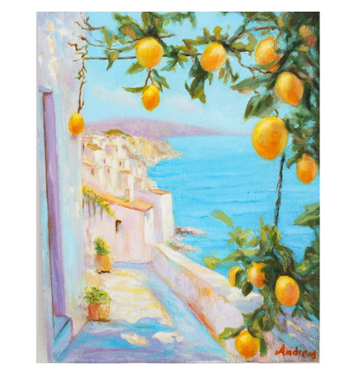 Peinture à l'huile d'une vue sur la mer.