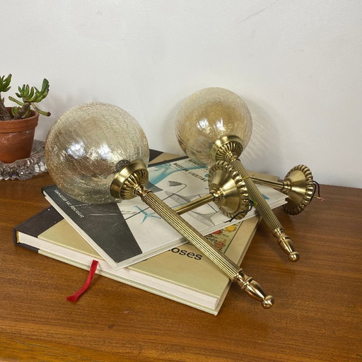 Pair of antique brass torch-style wall sconces with vintage gold crackled glass globes – wandlampen