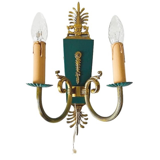 Image 1 of Lampada da parete vintage in stile impero di metà secolo Lucien Gau, in ottone barocco verde, anni '60