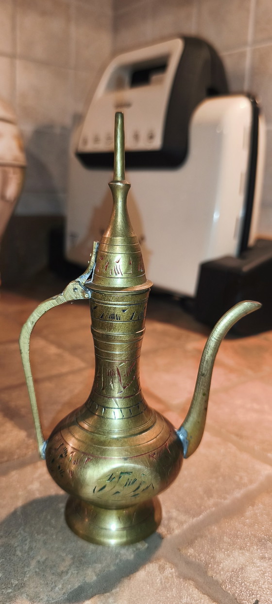 Ensemble de 5 cafetières arabes vintage Dallah en cuivre et laiton, style turc et moyen-oriental (photo 6 of 10)