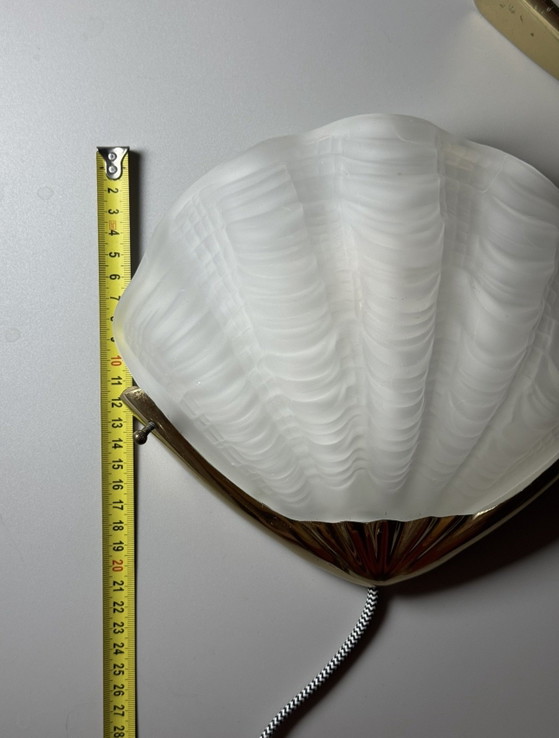 Image 1 of Pair of Vintage Frosted Glass Shell Wall Sconces – Brass Mounts – Art Deco Revival, ca. 1970s–1980s