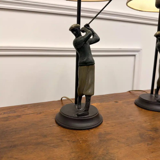 Set di Lampade da Tavolo Golfers in Bronzo, Legno, Klassiek (foto 5 di 9)