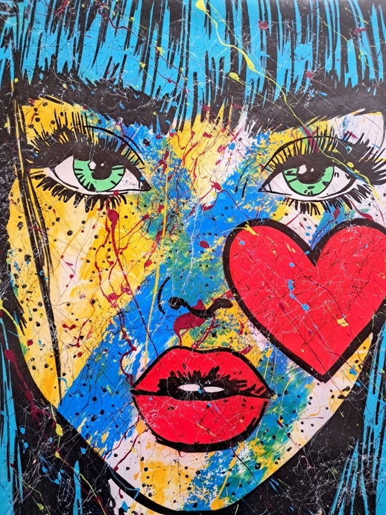 Pittura Pop Art, volto di donna con cuore, Dipinti e disegni, Tela, Blu (foto 3 di 15)